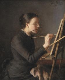 The Painter Agnes Paulsen, the Artist's Sister, at her Easel, 1886. Creator: Julius Paulsen