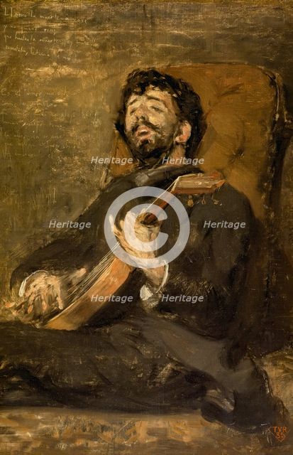 The painter Darío de Regoyos playing the guitar, 1885. Creator: Théo van Rysselberghe.