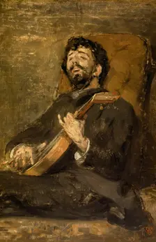 The painter Darío de Regoyos playing the guitar, 1885. Creator: Théo van Rysselberghe