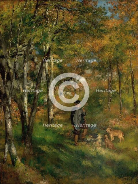 The painter Jules Le Coeur and his dogs in the forest of Fontainebleau, 1866. Creator: Renoir, Pierre Auguste (1841-1919).