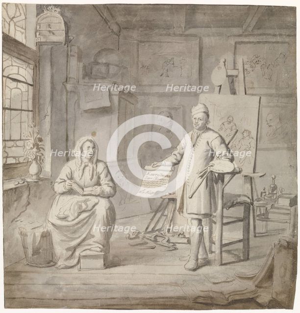 The painter Michiel Comans and his third wife Elisabeth van der Mersche in his studio, 1655-1705.  Creator: Michiel van Musscher.