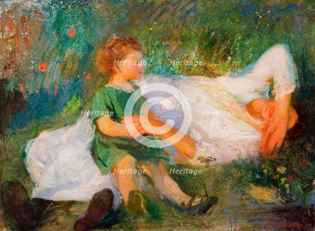 The painter's wife and son in the meadow, 1918. Creator: Gaudenzi, Pietro (1880-1955).