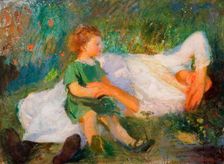 The painter's wife and son in the meadow, 1918. Creator: Gaudenzi, Pietro (1880-1955)