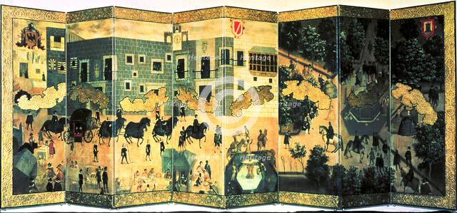  'The Palace of the Viceroys', anonymous folding screen oil painted, belonging to Mexican culture.