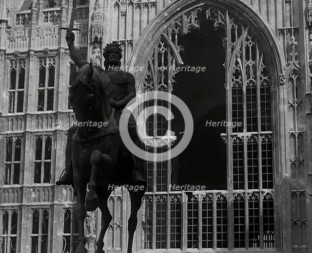 The Palace of Westminster and the Statue of Richard the Lionheart, Damaged by German Bombing, 1941. Creator: British Pathe Ltd.