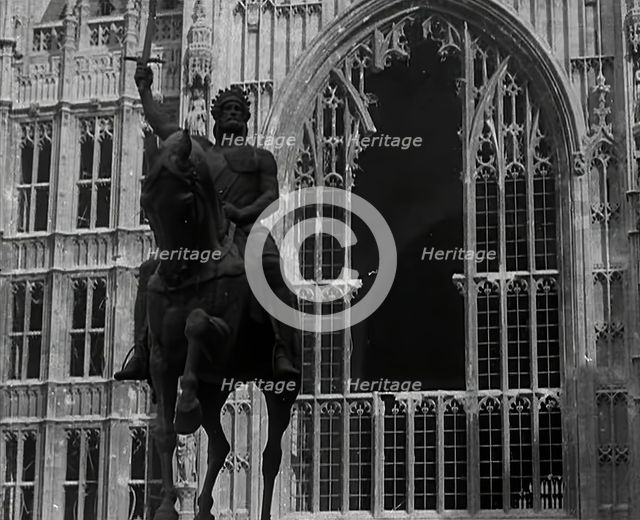The Palace of Westminster and the Statue of Richard the Lionheart, Damaged by German Bombing, 1941. Creator: British Pathe Ltd.