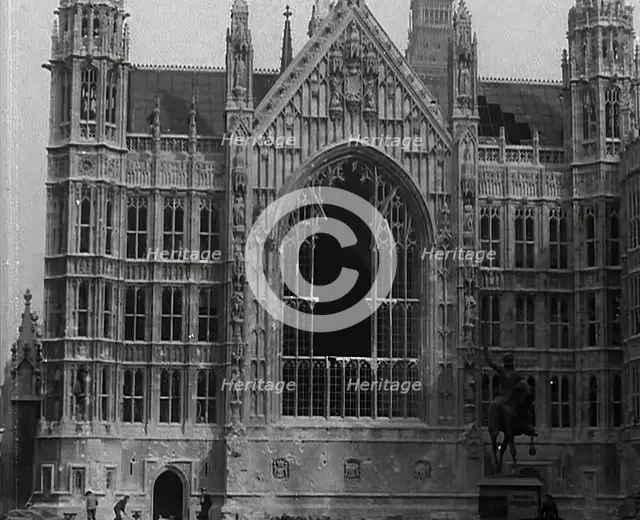 The Palace of Westminster and the Statue of Richard the Lionheart, Damaged by German Bombing, 1941. Creator: British Pathe Ltd.
