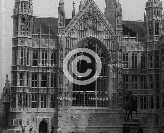 The Palace of Westminster and the Statue of Richard the Lionheart, Damaged by German Bombing, 1941. Creator: British Pathe Ltd.
