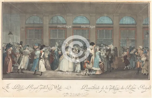 The Palais Royal - Gallery's Walk / Promenade de la Gallerie du Palais Royal, 1787. Creator: Philibert Louis Debucourt.
