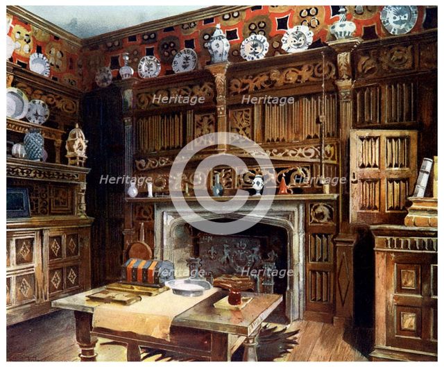The panelled study at Groombridge Place, Kent, 1910.Artist: Edwin Foley