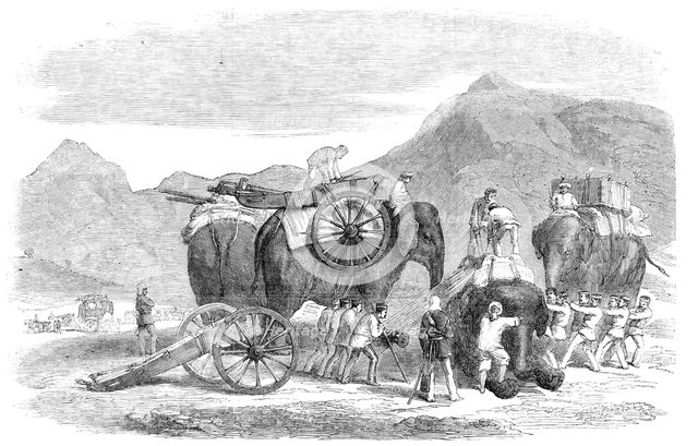 The Pashawur Mountain Train in the line of march, 1857. Creator: Unknown.