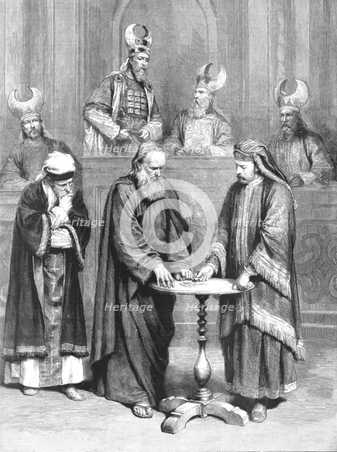 ''The Passion Play at Oberammergau; Judas taking the Thirty Pieces of Silver', 1890. Creator: Unknown.