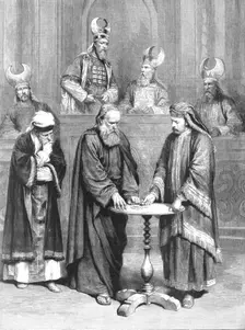 'The Passion Play at Oberammergau; Judas taking the Thirty Pieces of Silver 1890. Creator: Unknown