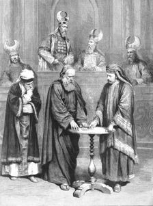 'The Passion Play at Oberammergau; Judas taking the Thirty Pieces of Silver 1890. Creator: Unknown