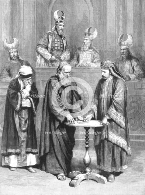 ''The Passion Play at Oberammergau; Judas taking the Thirty Pieces of Silver', 1890. Creator: Unknown.