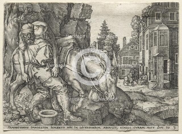 The Parable of the Good Samaritan: The Good Samaritan Putting the Traveler on His Donkey, 1554. Creator: Heinrich Aldegrever (German, 1502-1555/61).