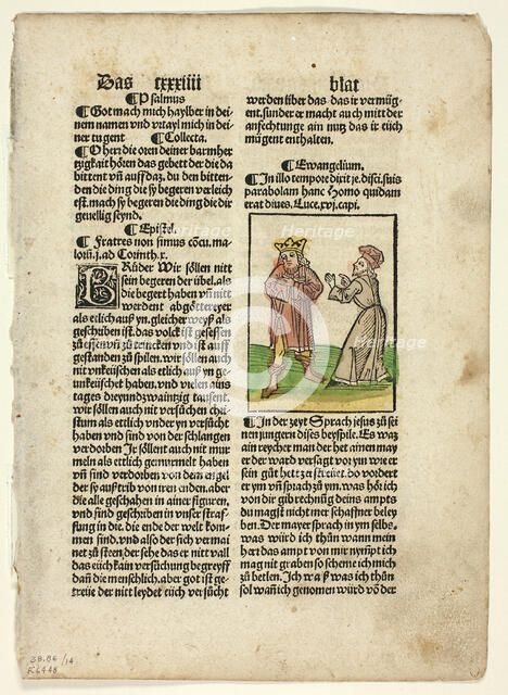 The Parable of the Unjust Steward from Plenarium, Plate 14 from Woodcuts from Books..., 1929. Creators: Unknown, Johann Schönsperger the Elder, Wilhelm Ludwig Schreiber.