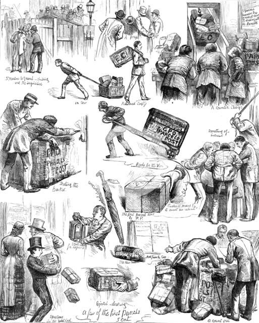 The Parcels Post: Sketches on the First Day, 1883. Creator: Unknown.