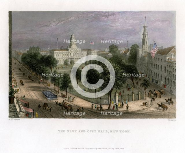 The Park and City Hall, New York, USA, 1838.Artist: S Lacey