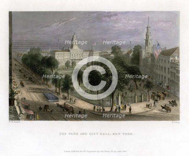 The Park and City Hall, New York, USA, 1838.Artist: S Lacey