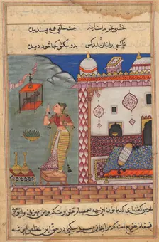 The parrot addresses Khujasta at the beginning of the twenty-seventh night, recto of folio 185...c15 Creator: Unknown