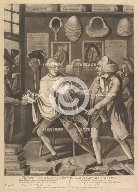 The Patriotick Barber of New York, or the Captain in Suds, February 14, 1775. Creator: Attributed to Philip Dawe (British, 1745?-?1809).