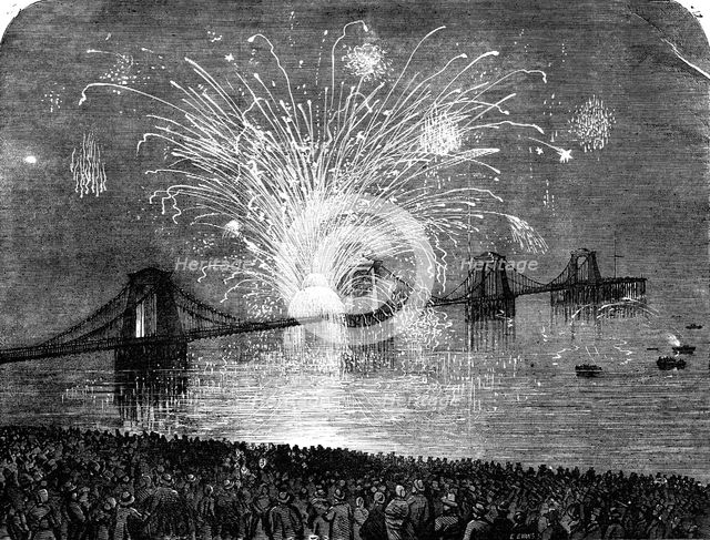 The Peace Commemoration at Brighton - Fireworks on the Chain Pier, 1856.  Creator: Edmund Evans.