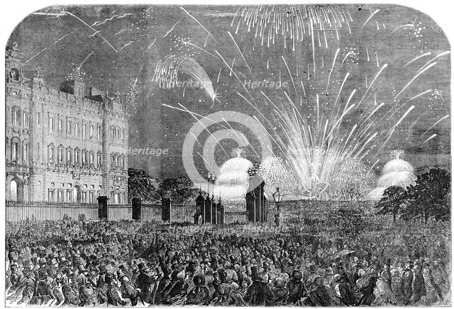 The Peace Commemoration: the Fireworks, sketched from the Mall, in St. James's Park, 1856.  Creator: Unknown.