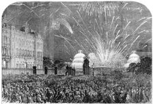 The Peace Commemoration: the Fireworks, sketched from the Mall, in St. James's Park, 1856. Creator: Unknown