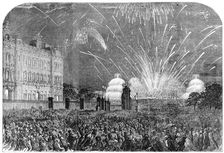 The Peace Commemoration: the Fireworks, sketched from the Mall, in St. James's Park, 1856. Creator: Unknown