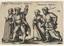 The Peasant Wedding or the Twelve Months: 3-Her Gregorius Mercz 4-Marcus April, 1546. Creator: Hans Sebald Beham (German, 1500-1550)