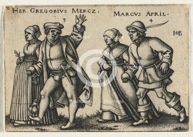 The Peasant Wedding or the Twelve Months: 3-Her Gregorius Mercz 4-Marcus April, 1546. Creator: Hans Sebald Beham (German, 1500-1550).