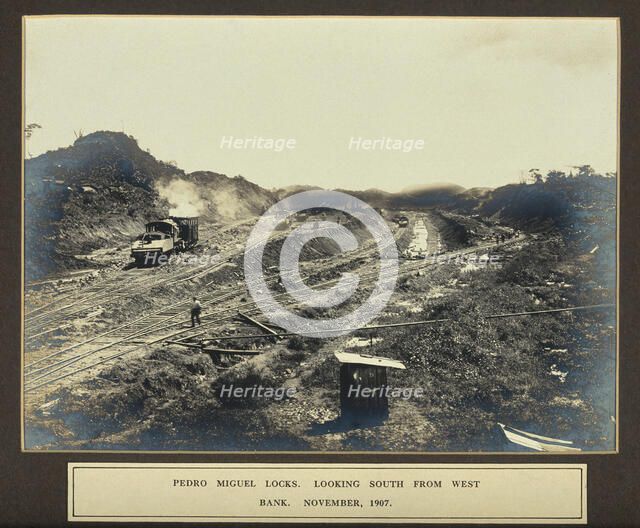 The Pedro Miguel Locks, Panama Canal construction: view of train tracks, looking south from...1907. Creator: Unknown.