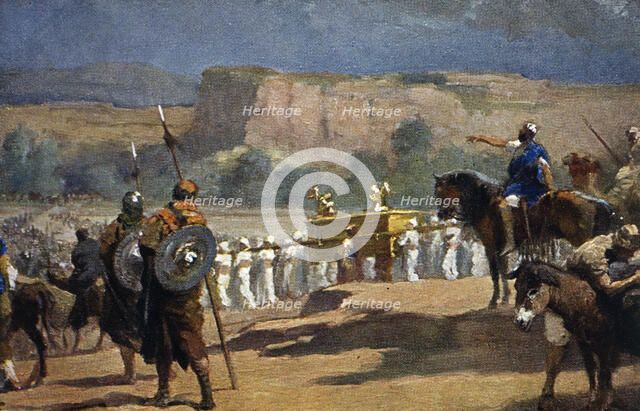 The people of Israel is heading to the Jordan carrying the Ark of the Covenant.