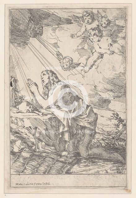 The Penitent Saint Mary Magdalene, kneeling before a skull and bones, 1640-60. Creator: Giulio Carpioni.