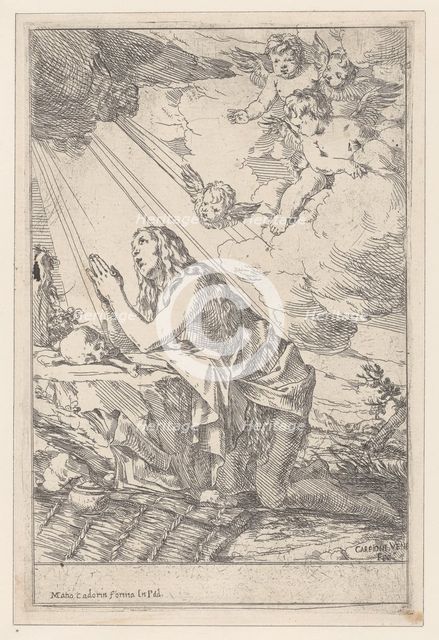The Penitent Saint Mary Magdalene, kneeling before a skull and bones, 1640-60. Creator: Giulio Carpioni.