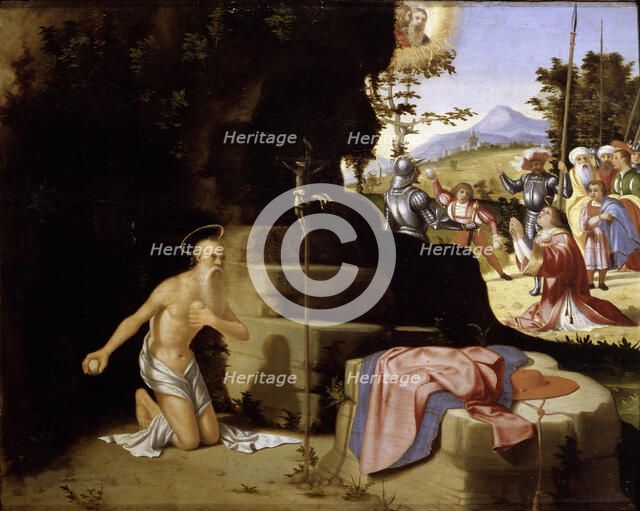 The penitent Saint Jerome in the desert and The Stoning of Saint Stephen, ca 1526. Creator: Previtali, Andrea (ca 1480-1528).