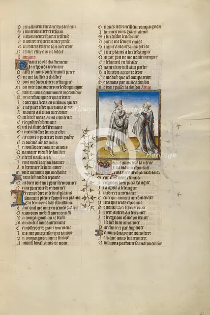 The Personification of Friendship Encouraging the Lover; Roman de la Rose, about 1405. Creator: Unknown.