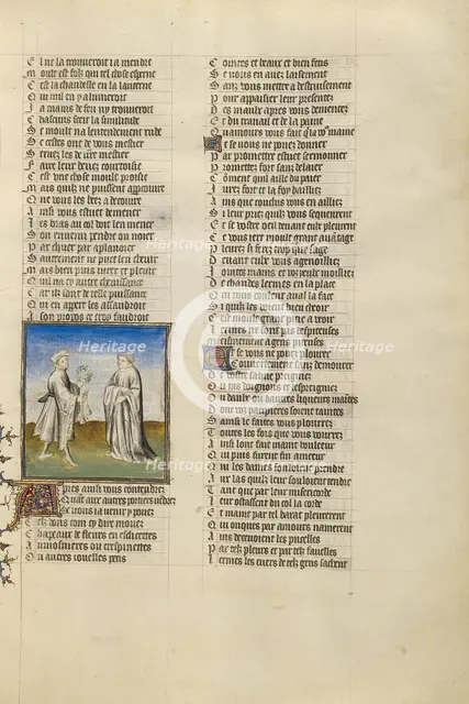 The Personification of Friendship Giving a Garland and Sacks of Gold for Alms to the..., about 1405. Creator: Unknown.