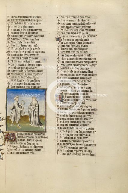 The Personification of Friendship Giving a Garland and Sacks of Gold for Alms to the..., about 1405. Creator: Unknown.