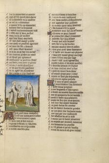 The Personification of Friendship Giving a Garland and Sacks of Gold for Alms to the..., about 1405. Creator: Unknown