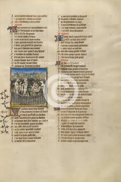 The Personification of Good Reception and the Son of Courtesy Speaking to the Lover..., about 1405. Creator: Unknown.