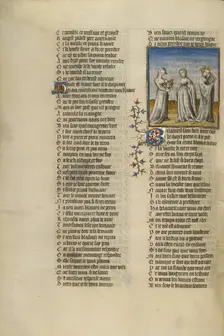 The Personification of Old Age Giving a Garland to Good Reception; Roman de la Rose, about 1405. Creator: Unknown