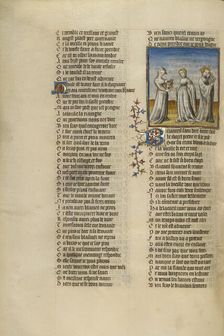 The Personification of Old Age Giving a Garland to Good Reception; Roman de la Rose, about 1405. Creator: Unknown