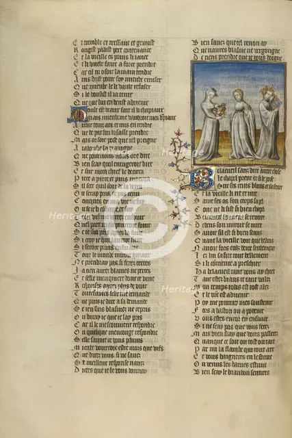 The Personification of Old Age Giving a Garland to Good Reception; Roman de la Rose, about 1405. Creator: Unknown.