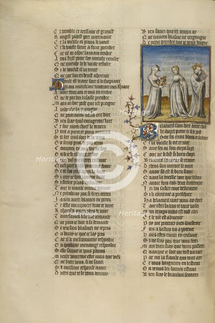 The Personification of Old Age Giving a Garland to Good Reception; Roman de la Rose, about 1405. Creator: Unknown.