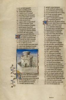 The Personification of Old Age Watching Good Reception in the Castle; Roman de la Rose, about 1405. Creator: Unknown