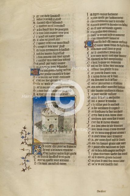 The Personification of Old Age Watching Good Reception in the Castle; Roman de la Rose, about 1405. Creator: Unknown.