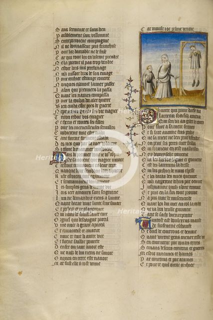 The Personification of Poverty Showing the Captive Riches at the Gallows to her Son, about 1405. Creator: Unknown.