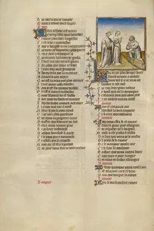 The Personification of Resistance Kneeling before Franchise; Roman de la Rose, about 1405. Creator: Unknown